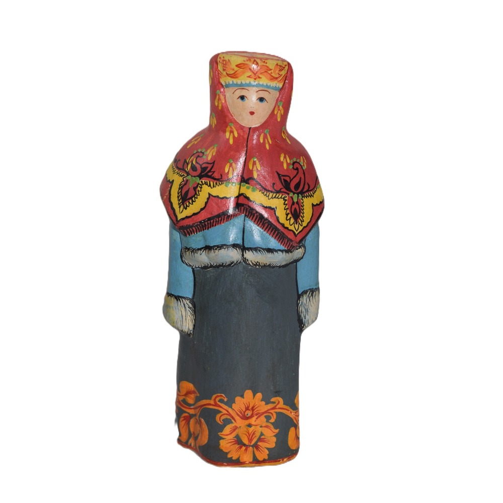 Russian Folk Art Figurine Woman Clay 5.5in Red Blue Good Hand Painted